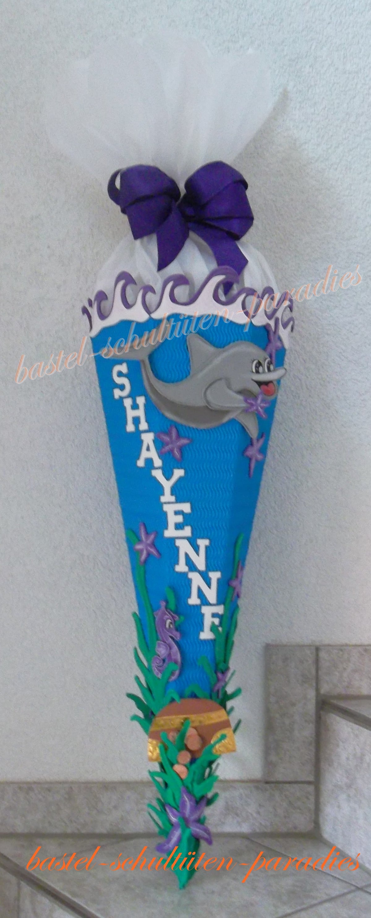 Schultüten Bastelset Delphin mit Schatztruhe türkis-lila-weiß