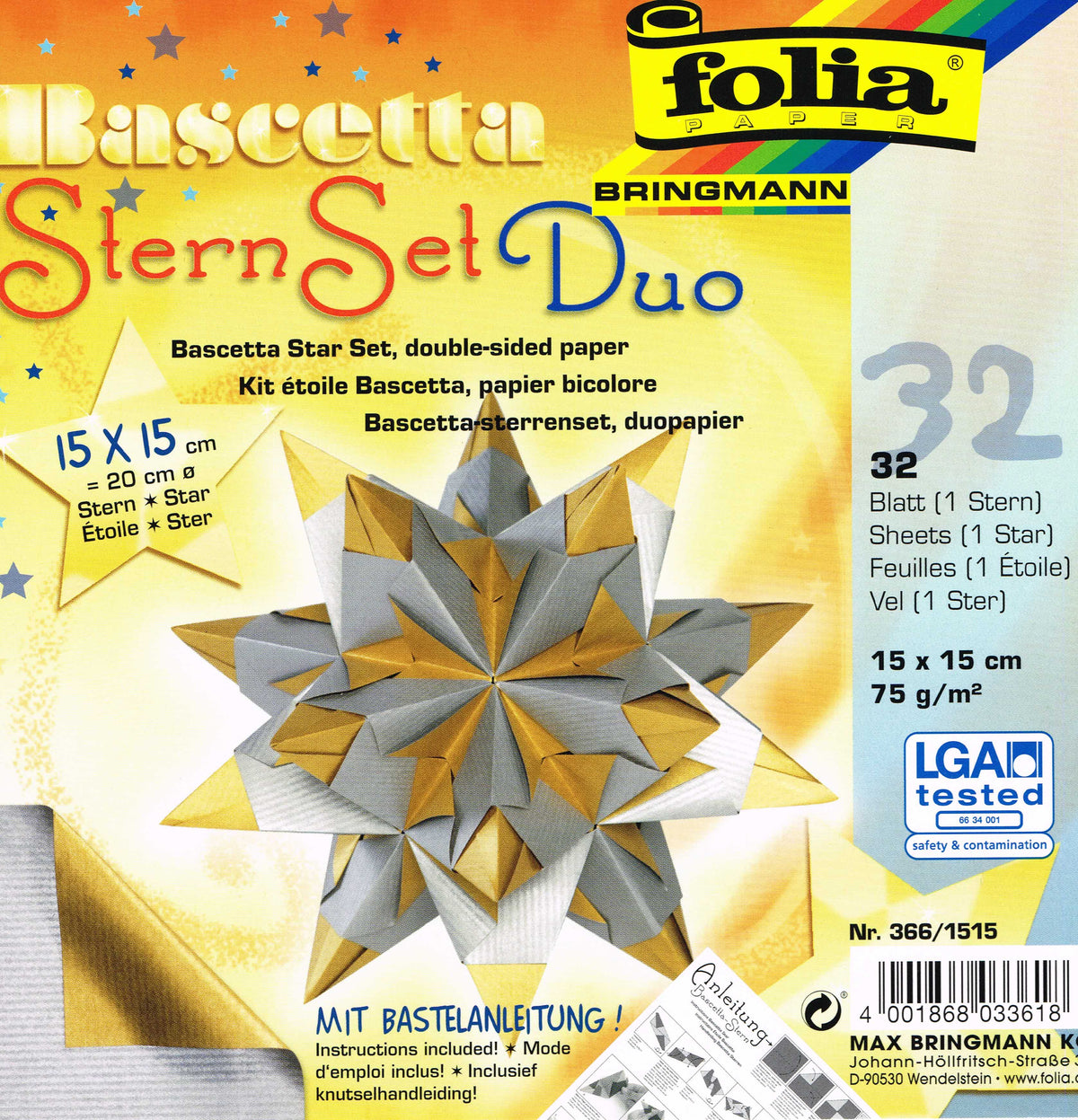 Bascetta Stern Set Duo 15x15cm gold silber 32 Blatt incl. Anleitung von Folia