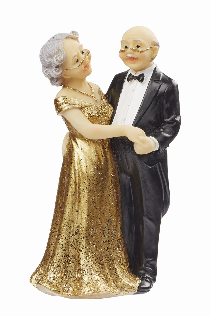 Tanzendes Goldpaar mit Dame im goldfarbenen Kleid und Herr im schwarzen Anzug, beide mit Brille, 11,5 cm, HobbyFun HF3870563