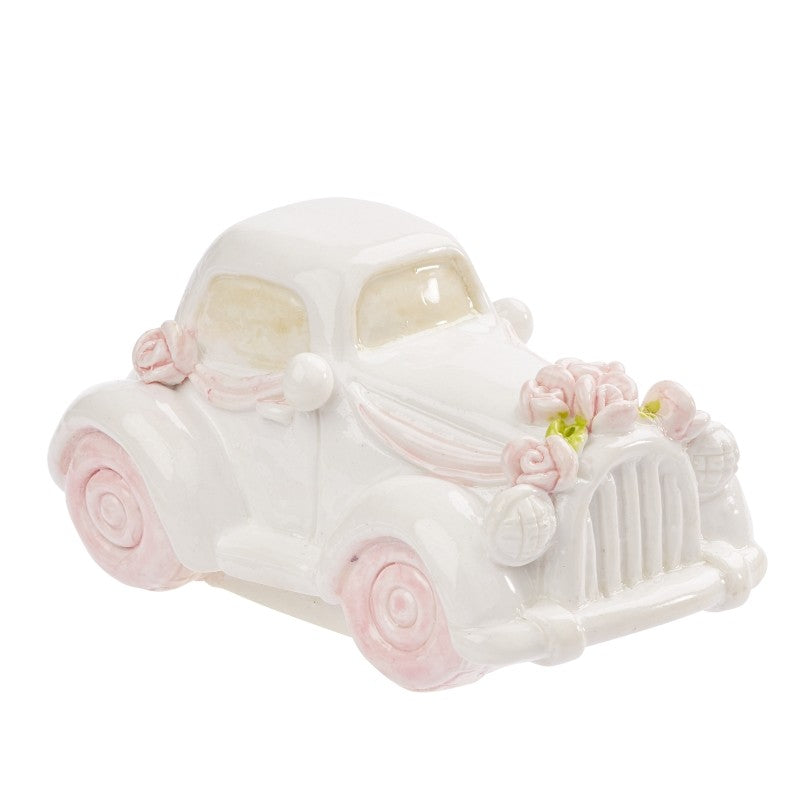 Weißes Hochzeitsauto mit zartrosa Rädern, Rosen und Bändern, 5 cm, HobbyFun HF3870770