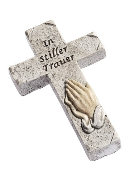 Kreuz mit betenden Händen und Schriftzug In stiller Trauer, ca. 7 cm, HobbyFun HF3870156