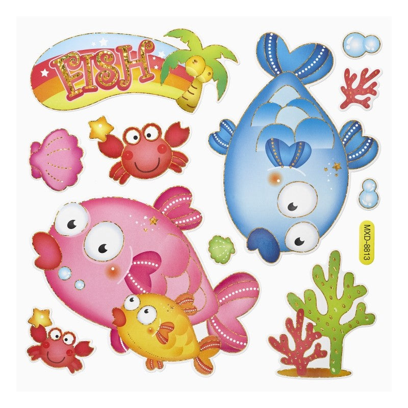 XXL-Sticker Kugelfisch mit blauen, rosa und gelben Fischen, Krabben, Muschel, Korallen und FISH-Schriftzug, HobbyFun HF3452622