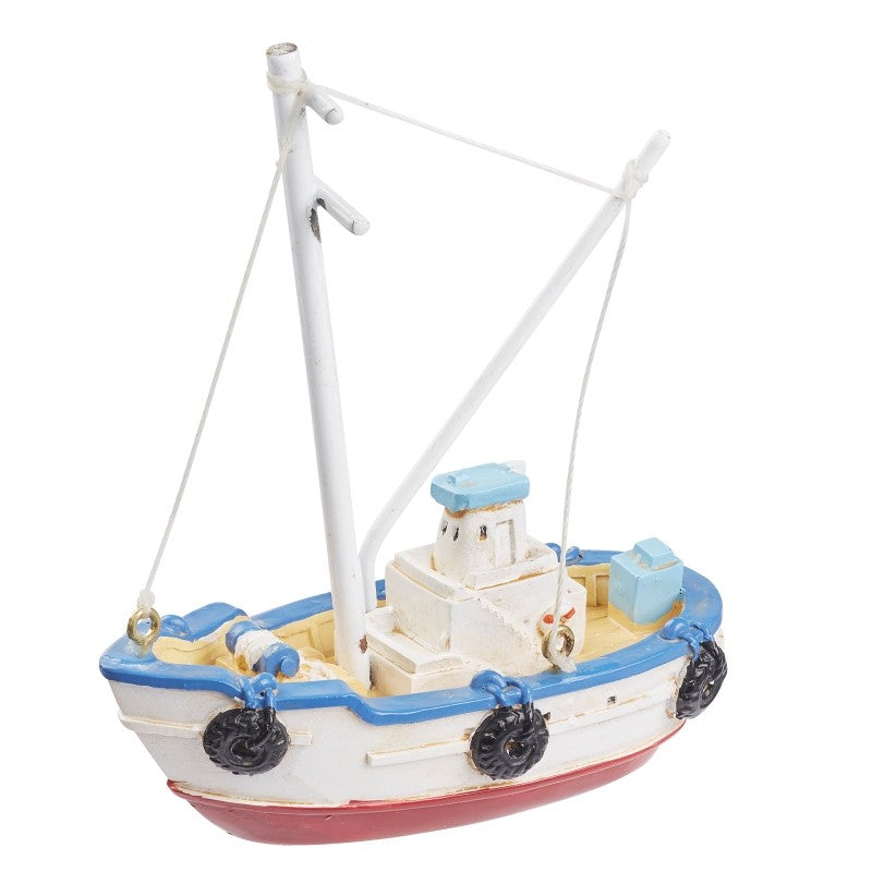 Miniatur-Fischerboot blau-weiß mit rotem Rumpfunterteil, Mast und schwarzen seitlichen Reifen, HobbyFun HF3870744