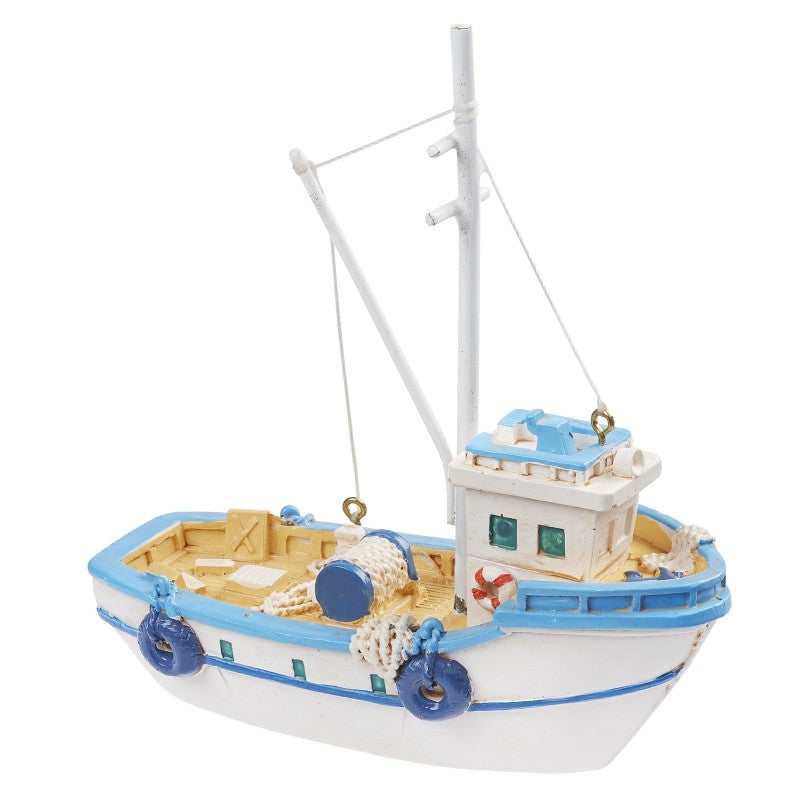 Blau-weißes Miniatur-Fischerboot mit Mast, Steuerhaus, seitlichen Reifen und Seilen, HobbyFun HF3870745