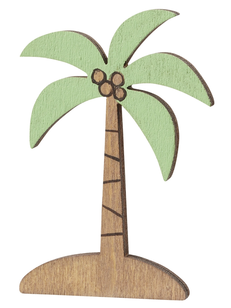 Flache Miniatur-Palme aus Holz mit hellgrünen Palmblättern und braunem Stamm, 6,5 cm