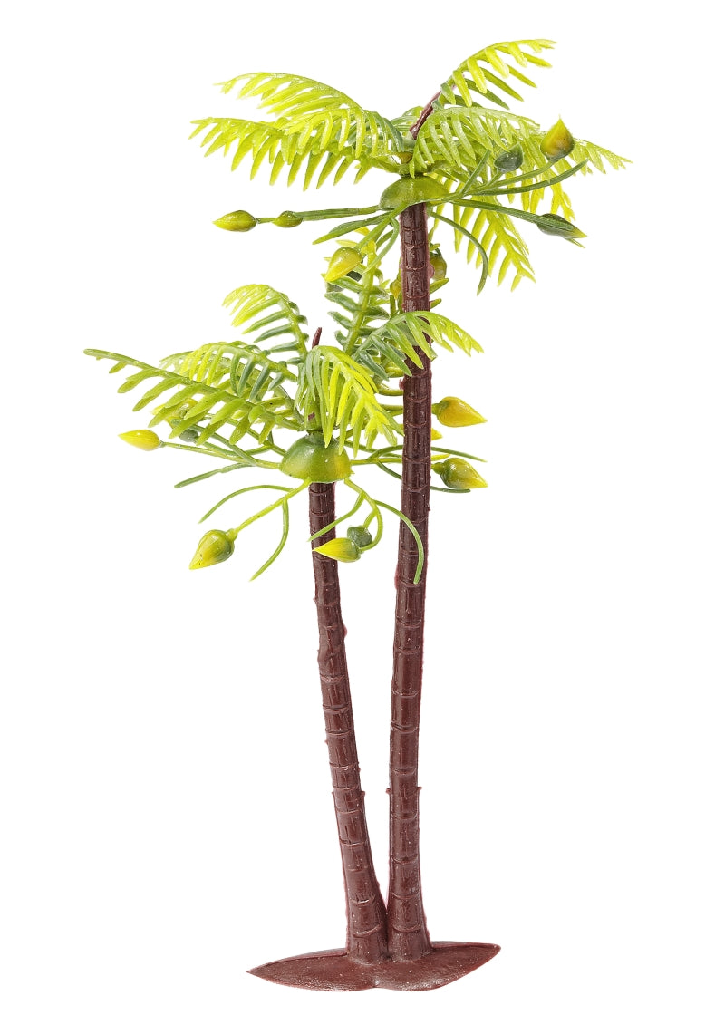 Zweistämmige Miniatur-Palme mit grünen Palmwedeln und braunen Stämmen auf gemeinsamem Standfuß