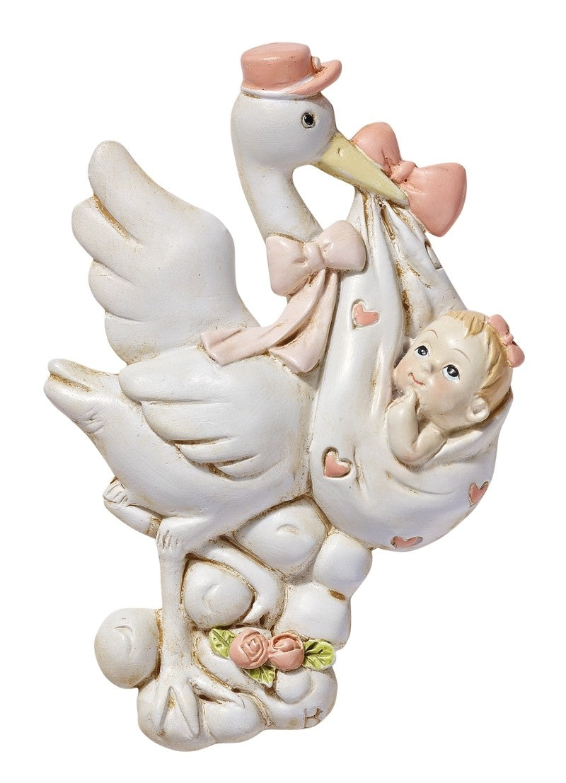 Weißer Miniatur-Storch mit Baby im Tuch mit rosa Herzen, rosa Hut und Schleifen, HobbyFun HF3870083