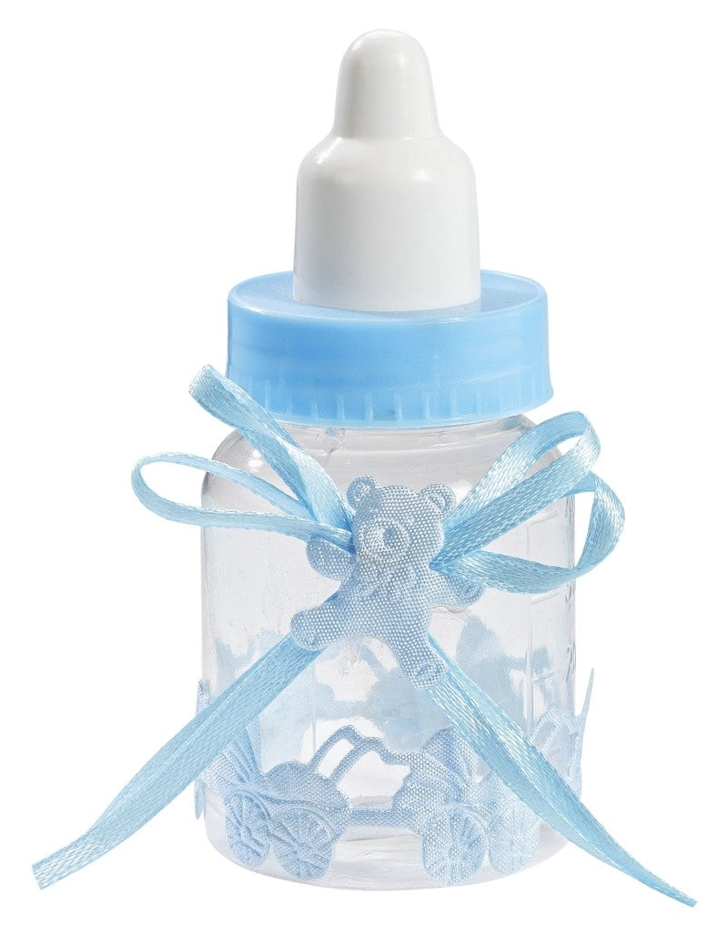 Transparente Deko-Babyflasche mit hellblauem Verschluss, Schleife und Teddy-Dekor, HobbyFun HF3840002
