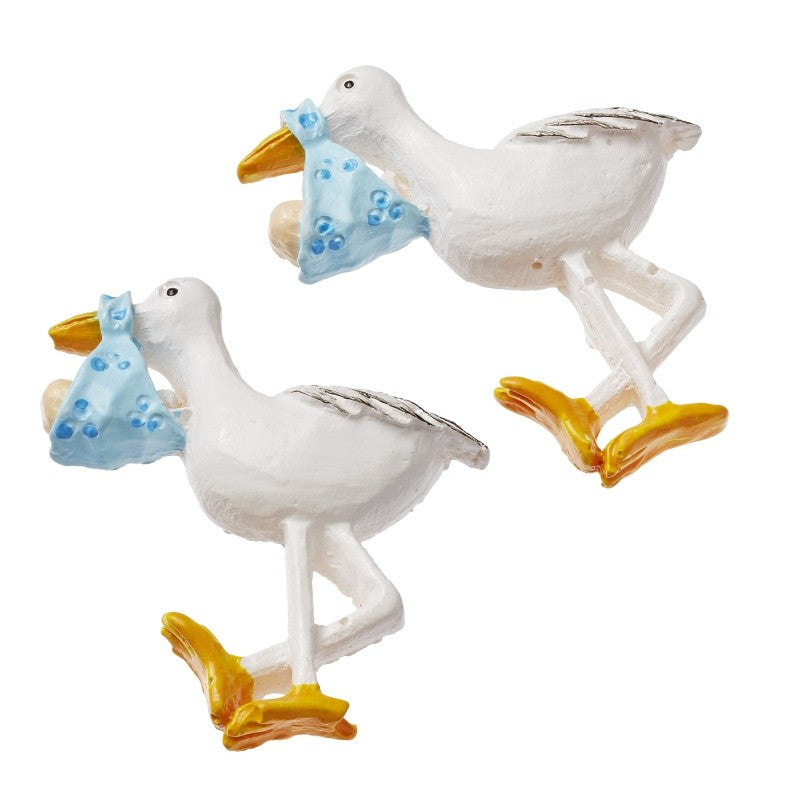 Weiße Miniatur-Störche mit hellblauem Babybündel und gelbem Schnabel, HobbyFun HF3870675, 3 Stück pro Beutel