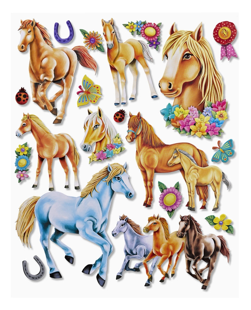 XXL-Sticker Pferde mit Pferden, Fohlen, Pferdeköpfen, Hufeisen, Blumen und Schmetterlingen, HobbyFun HF3452510