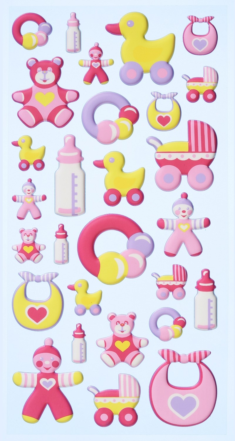 SOFTY-Stickerbogen Baby Girl mit Teddys, Kinderwagen, Fläschchen, Lätzchen und Enten in Rosa und Gelb, HobbyFun HF3451126