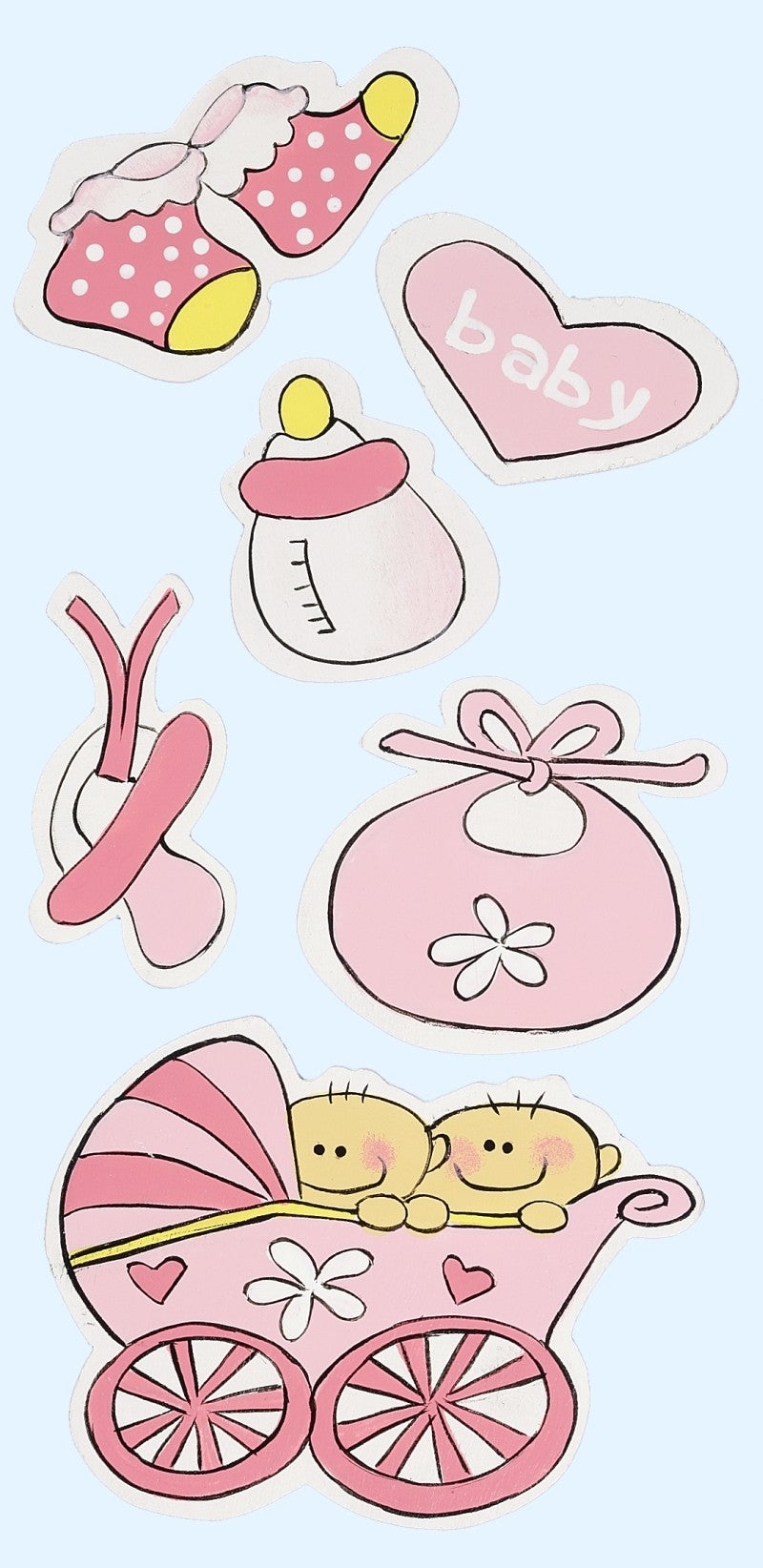 Sechs rosa Baby-Holzstreuteile mit Kinderwagen, Söckchen, Herz, Flasche, Schnuller und Lätzchen, HobbyFun HF3451508
