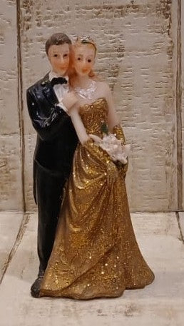 Brautpaar goldene Hochzeit I mit Braut im goldfarbenen Kleid und Bräutigam im schwarzen Anzug, 10 cm, BP-G005