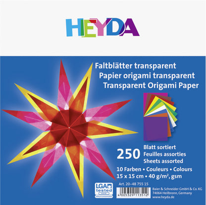 Faltblätter Set 15x15 cm Origami Transparentpapier 10 Farben  250 Blatt 40g/m² HEYDA