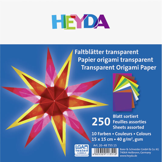 Faltblätter Set 15x15 cm Origami Transparentpapier 10 Farben  250 Blatt 40g/m² HEYDA