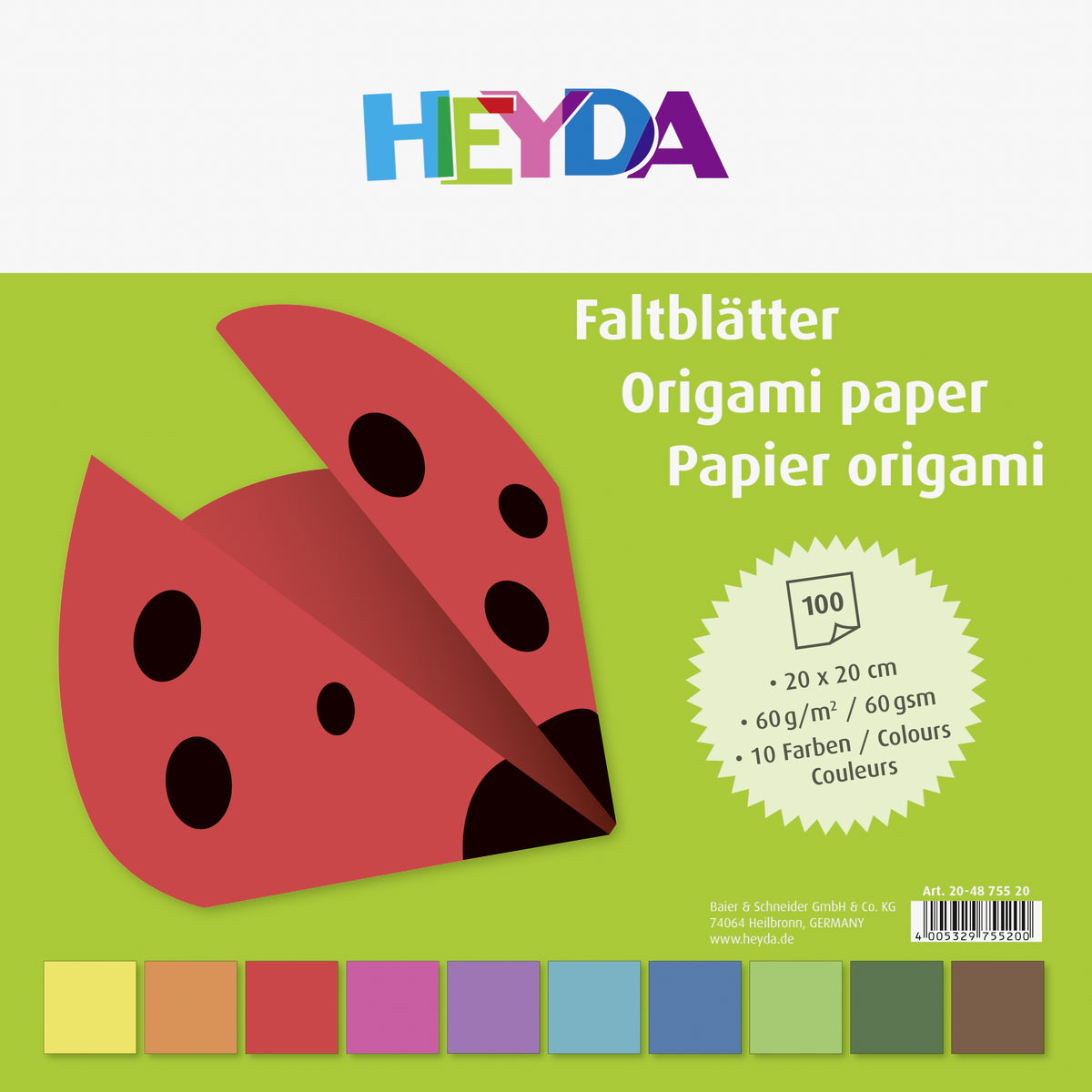 Faltblätter Set 20x20cm Origami-Papier 10 Farben 100 Blatt 60 g/m² HEYDA