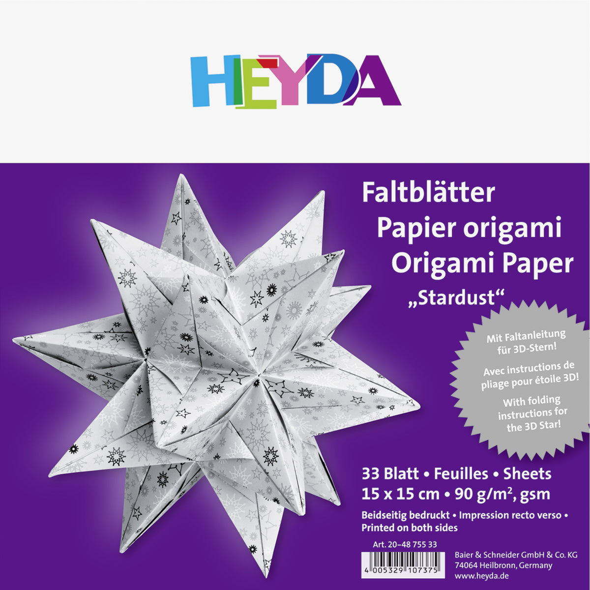 Faltblätter Set 15x15 cm Origami "Stardust" incl. Anleitung Bascetta Stern weiß silber HEYDA