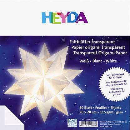 Faltblätter Set 20x20cm Origami/ Sterne Transparentpapier weiß 30 Blatt HEYDA