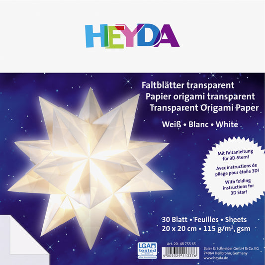 Faltblätter Set 20x20cm Origami/ Sterne Transparentpapier weiß 30 Blatt HEYDA