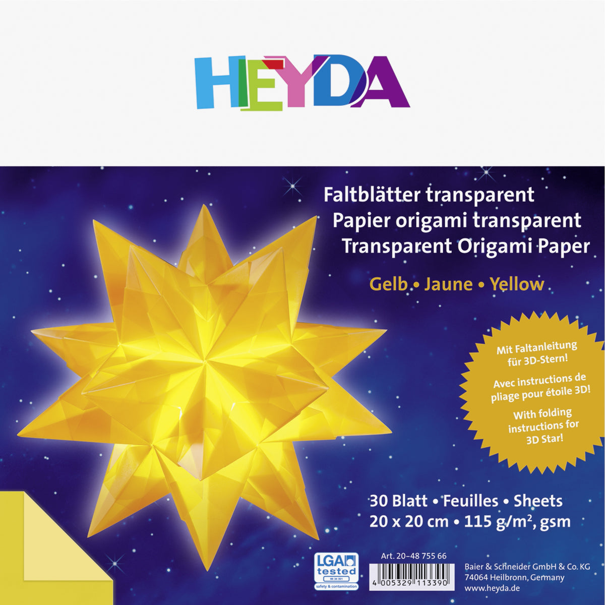 Faltblätter Set 20x20cm Origami/ Sterne Transparentpapier gelb 30 Blatt HEYDA