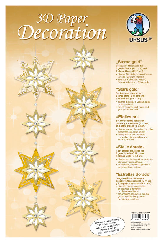 3D Paper Decoration Sternen-Girlande gold 16 Stück gestanzt mit Bastelanleitung von URSUS®