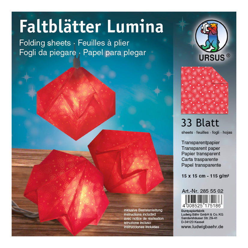 Faltblätter LUMINA incl. Bastelanleitung 15x15 cm Transparentpapier rot mit Herzchen 33 Blatt von URSUS®
