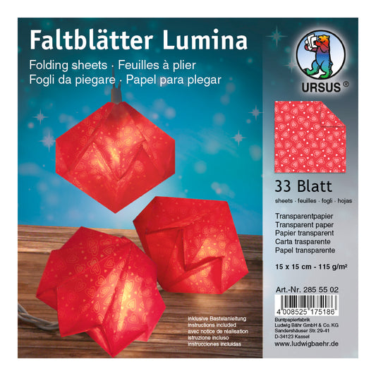 Faltblätter LUMINA incl. Bastelanleitung 15x15 cm Transparentpapier rot mit Herzchen 33 Blatt von URSUS®
