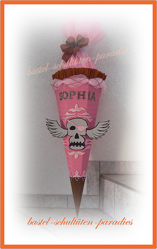Schultüten Bastelset Totenkopf mit Flügel rosa-braun