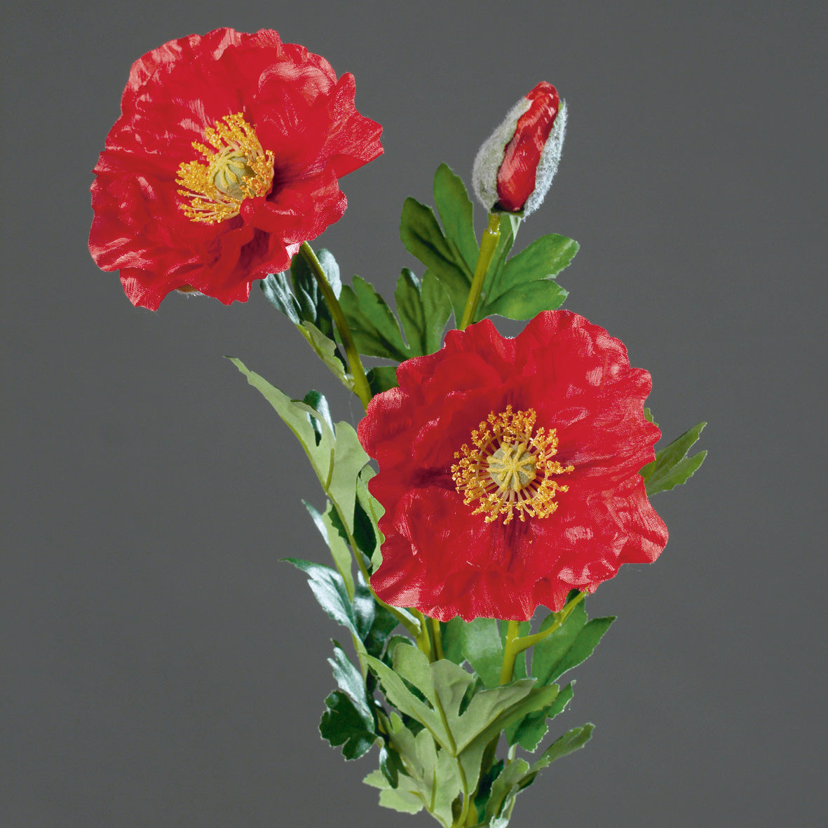 Mohn mit 2Blüten und 1 Knospe rot künstlich 14/75cm