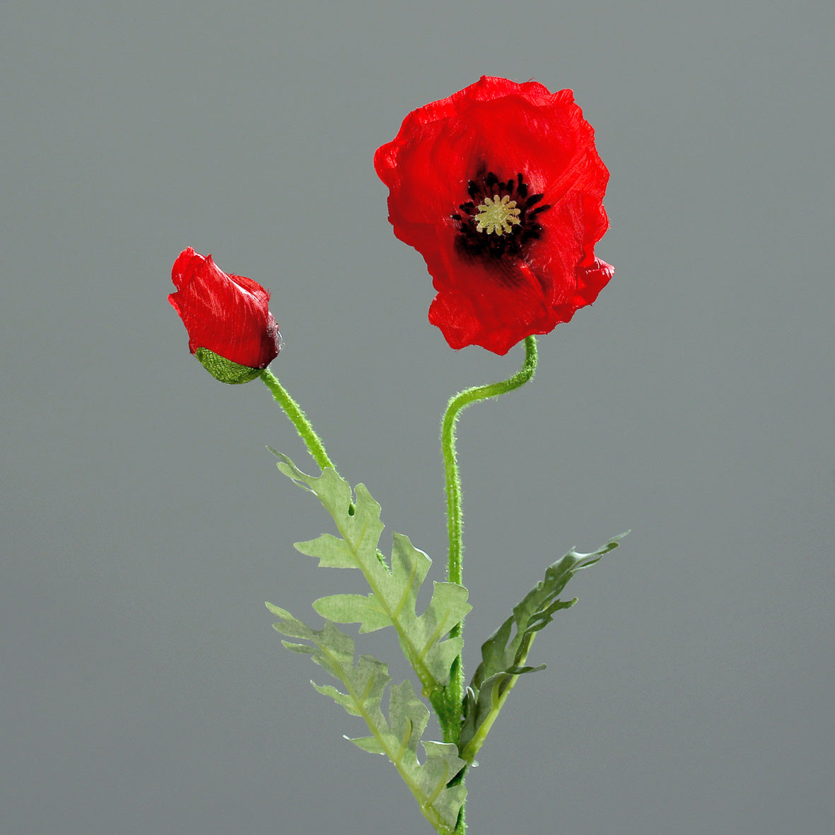 Mohn mit 1 Blüte und 1 Knospe rot künstlich 11/57cm