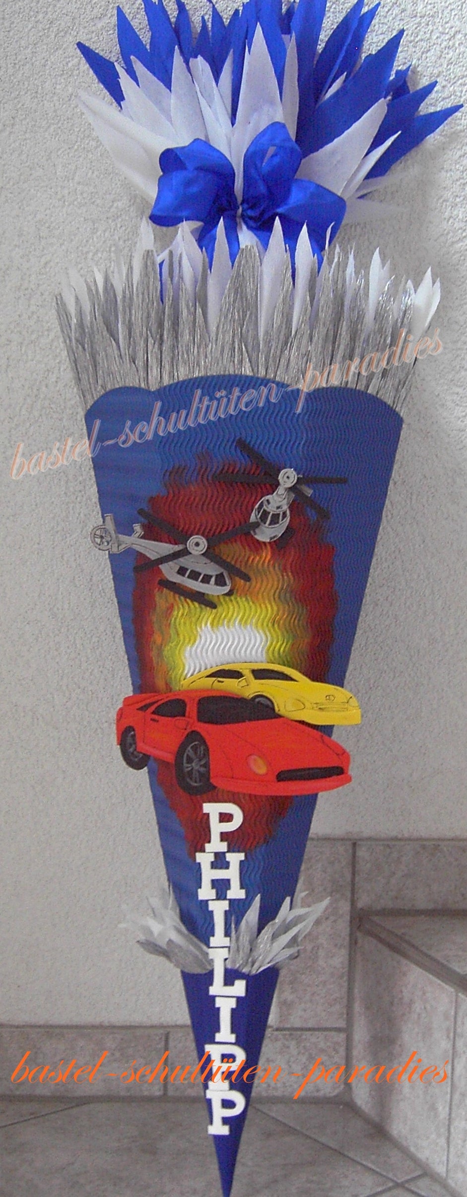 Schultüten Bastelset Autos mit Hubschrauber blau-silber