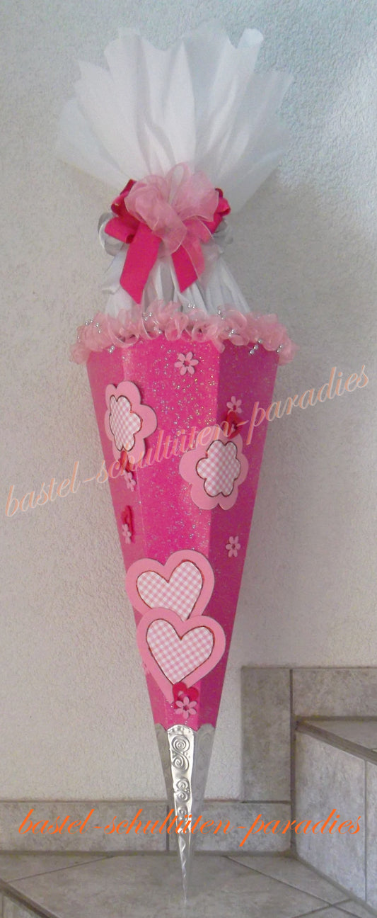 Schultüten Bastelset Blumen und Herzen pink-rosa mit Schleifenband-Rüsche, Glitzer-Rohling