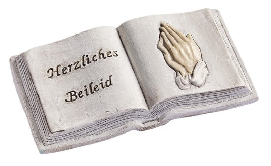 Aufgeschlagenes Dekobuch mit Schriftzug Herzliches Beileid links und betenden Händen rechts, ca. 7 cm, HobbyFun HF3870152