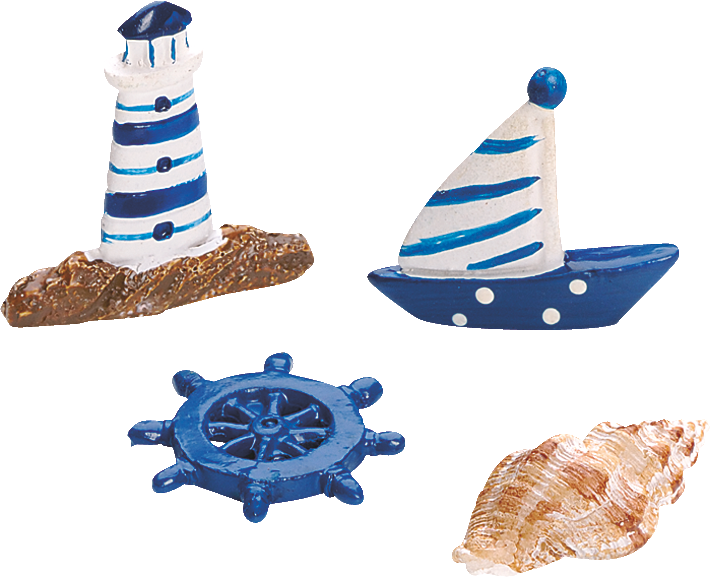 Maritimes Dekostreu mit Leuchtturm, Segelboot, blauem Steuerrad und brauner Muschel, KnorrPrandell 218002765