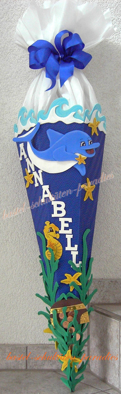 Schultüten Bastelset Delphin mit Schatztruhe blau-weiß