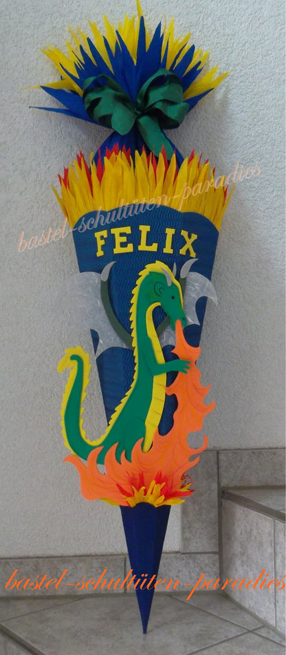 Schultüten Bastelset feuerspeiender Drache blau-grün