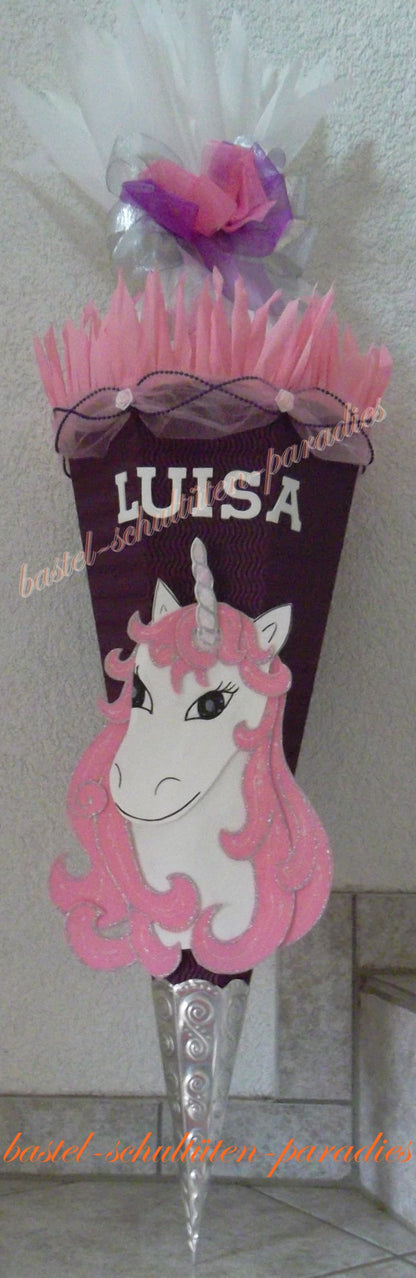 Schultüten Bastelset Einhorn2 mit Organza lila-rosa-weiß