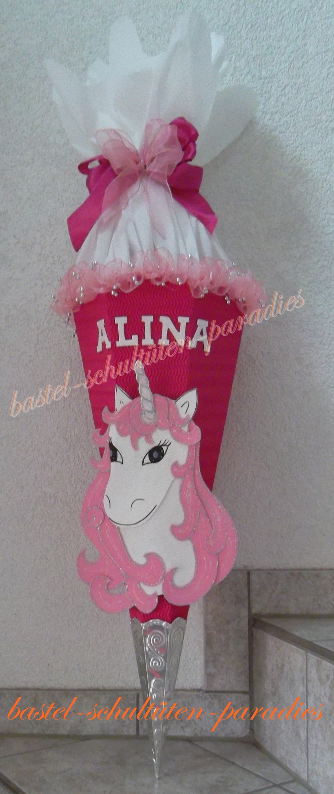 Schultüten Bastelset Einhorn2 mit Schleifenband-Rüsche pink-rosa-weiß