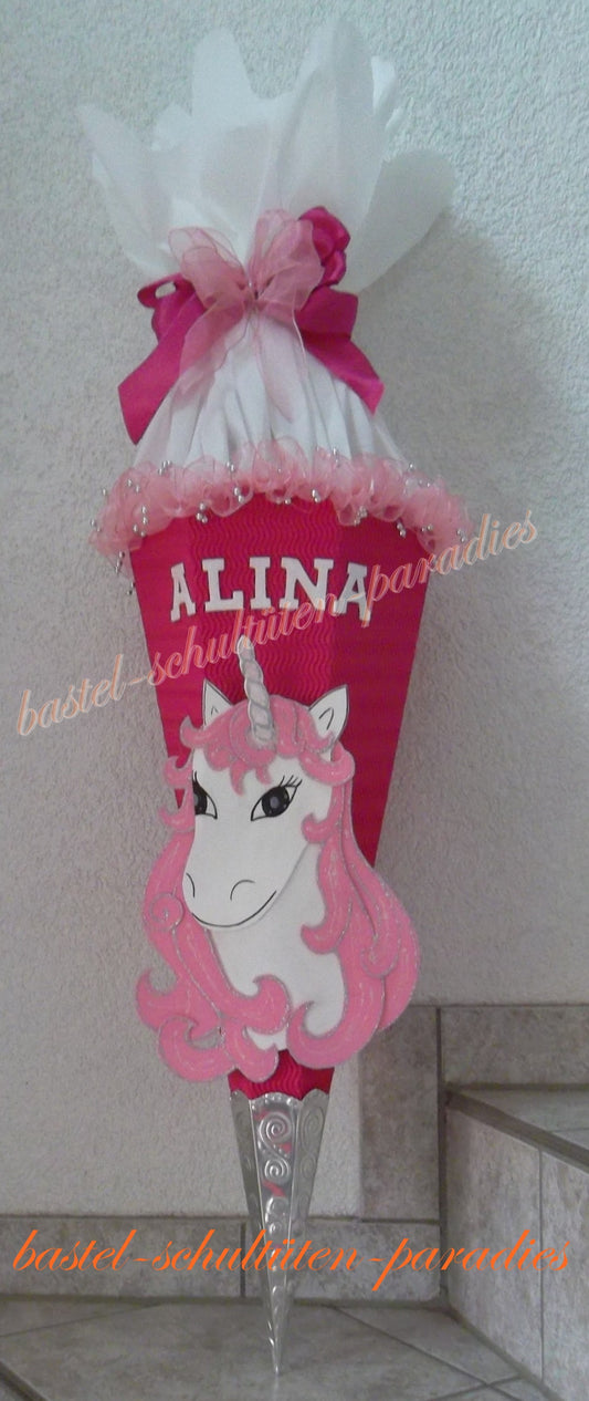 Schultüten Bastelset Einhorn2 mit Schleifenband-Rüsche pink-rosa-weiß