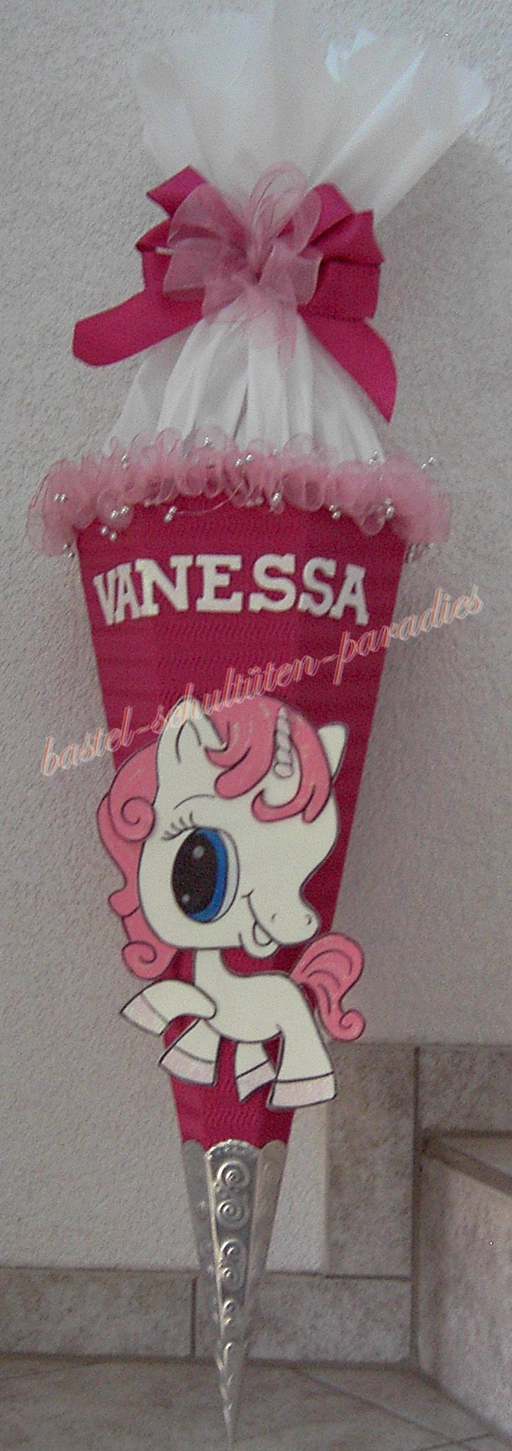 Schultüten Bastelset Einhorn mit Schleifenband-Rüsche pink-weiß
