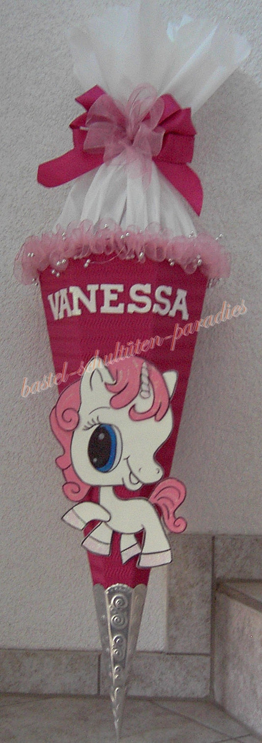 Schultüten Bastelset Einhorn mit Schleifenband-Rüsche pink-weiß