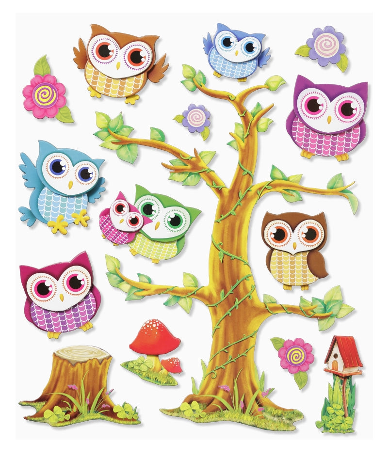 XXL-Sticker Eulen mit bunten Eulen, Baum, Blumen, Pilzen, Baumstumpf und Vogelhäuschen, HobbyFun HF3452538