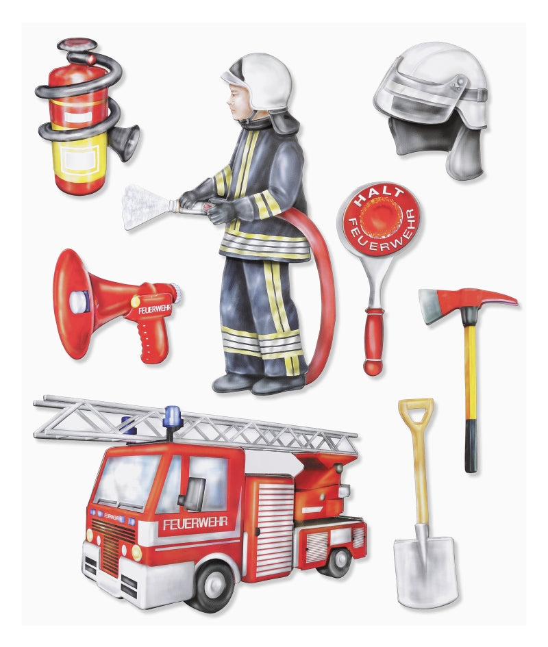 XXL-Sticker Feuerwehr mit Drehleiterfahrzeug, Feuerwehrmann, Helm, Feuerlöscher, Megafon, Anhaltekelle, Axt und Schaufel, HobbyFun HF3452537