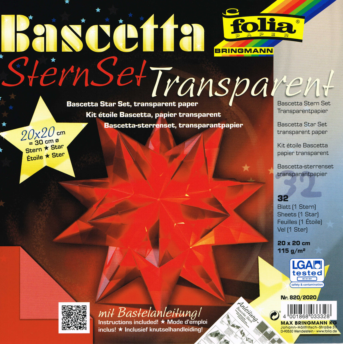 Bascetta Stern Set 20x20 cm Transparentpapier rot 32 Blatt incl. Anleitung von Folia