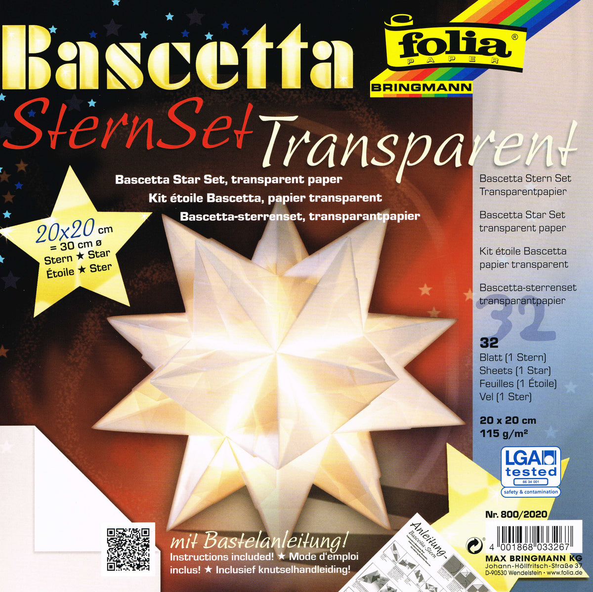 Bascetta Stern Set 20x20 cm Transparentpapier weiß 32 Blatt incl. Anleitung von Folia