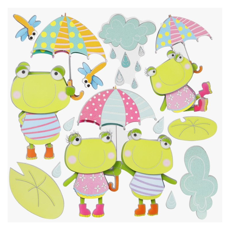 XXL-Sticker Frösche mit Regenschirmen, Gummistiefeln, Libellen, Wolken, Regentropfen und Blättern, HobbyFun HF3452524