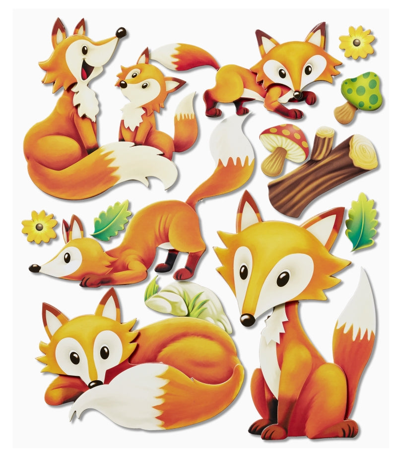 XXL-Sticker Füchse mit orangefarbenen Füchsen, Pilzen, Blättern, Blumen und Baumstamm, HobbyFun HF3452547