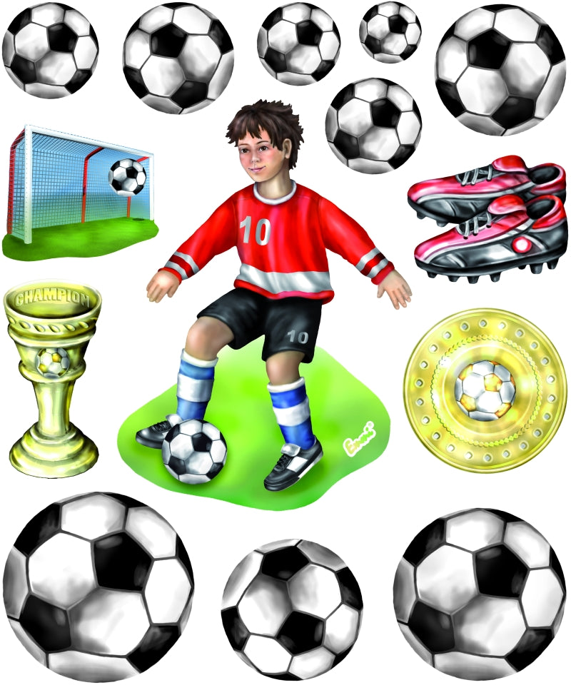 XXL-Sticker Fußball mit Spieler im roten Trikot, Fußbällen, Tor, Fußballschuhen, Pokal und Medaille, HobbyFun HF3452519