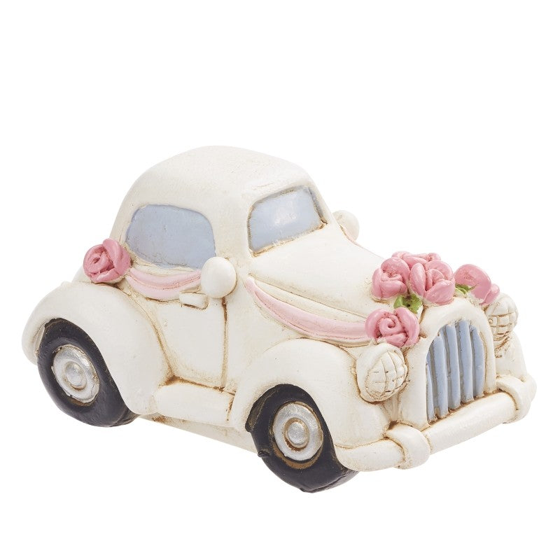 Cremeweißes Hochzeitsauto mit rosa Rosen und Bändern, hellblauen Fenstern und dunklen Reifen, 5 cm, HobbyFun HF3870769