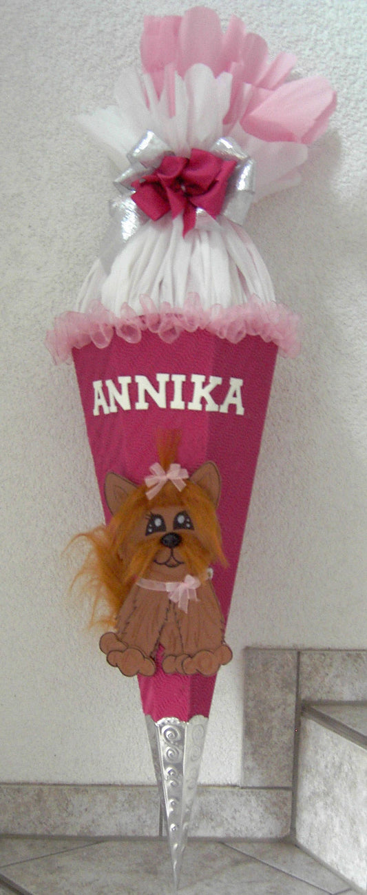 Schultüten Bastelset Hund braun mit Schleifenbandrüsche pink-weiß